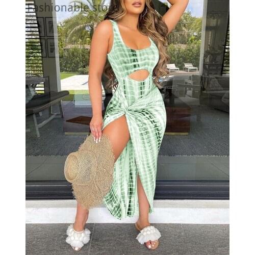 Women Tie Dye Print Sleeveless Hollow Top & Twisted Maxi Skirt 2 Piece Set