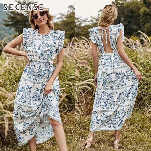 Dresses Women Hook Sleeve Backless Casual Long Dress Summer Floral Printed Ankle-Length Flying Sleeve Elegant Party Beach Skirt