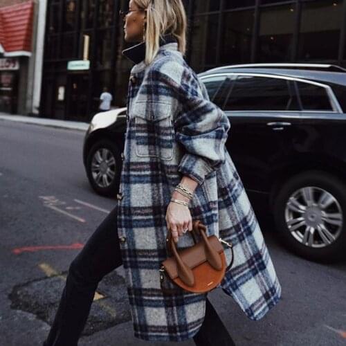 Winter Woolen Coats Women Plaid Print Retro Warm Long Jacket Korean Style Outwear