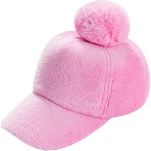 Girls Fleece Winter Baseball Cap Cute Pink Pom Pom Snapback Adjustable Cap Youth Kids 5-10 Years