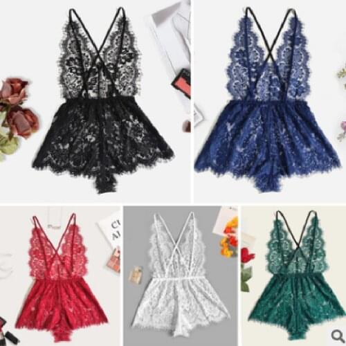 2021 Women European American One-Piece See-Through Pajama Lace Open Back Multicolor Suspender Nightdress Hollow Sexy Lingerie XL