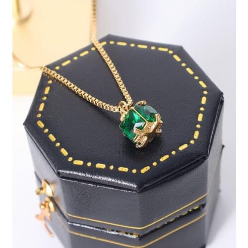 Amaiyllis 18K Gold Vintage Green Crystal Zircon Pendant Necklace Fashion Box Chain Stone Necklace Jewelry For Female
