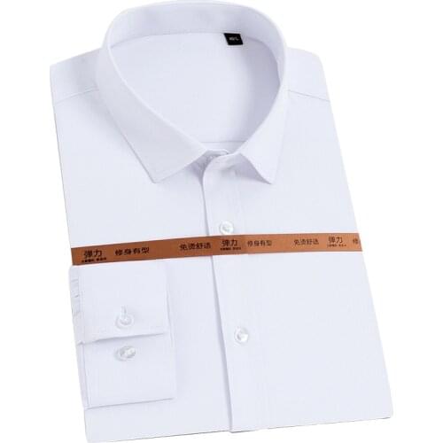 White Shirt Pure Color Bamboo Fiber Elastic Longsleeve Shirt for Men Square Collar Korean Clothes Slim Fit Shirt Men Streetwear