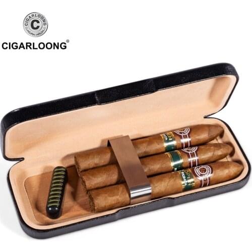 Free ship Travel Leather Cigar Humidor Case Cedar Wood lined Portable Smoking Box Holder Tray cy-0109