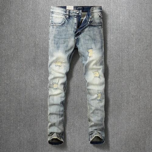 European Vintage Fashion Men Jeans Retro Blue Elastic Slim Fit Ripped Jeans Men Streetwear Designer Destroyed Denim Punk Pants