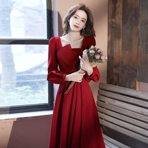 Classic Women Square Neck Toast Clothing Summer Bride Party Gowns Vestidos Elegant Burgundy Dresses