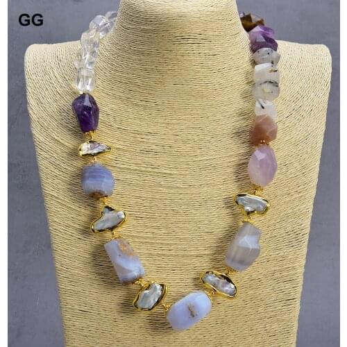 GuaiGuai Jewelry 24" Cultured White Biwa Pearl Agate Nugget Quartz Necklace lady Jewelry