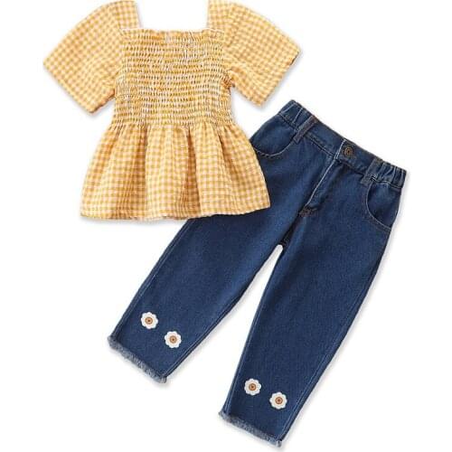 Summer Girl Set Cotton Plaid Skirt Shirt + Jeans Long Pants Trouses Suits for Kids Clothes
