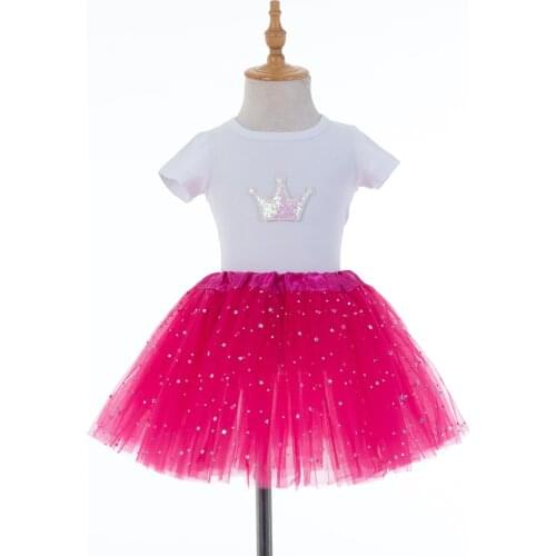 Summer Baby Girls Clothes Set Mesh Tulle Tutu Dresses White Cotton Queen Short Sleeve Kids Colorful Star Gillter Dress Skirt Set