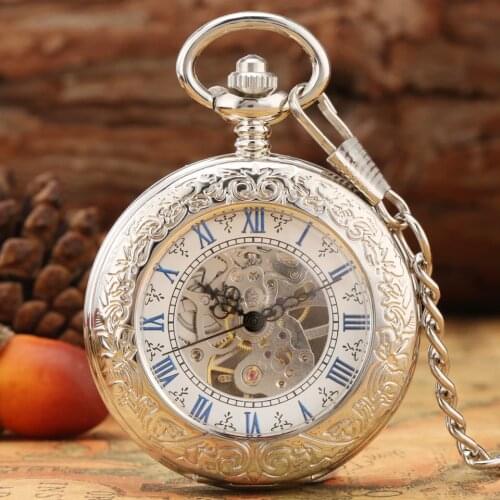 Fashion Blue Skeleton Exquisite Pendant Men Hand-winding Silver Mechanical Pocket Watch Premium Alloy Jewelry Wrist Chain Watch