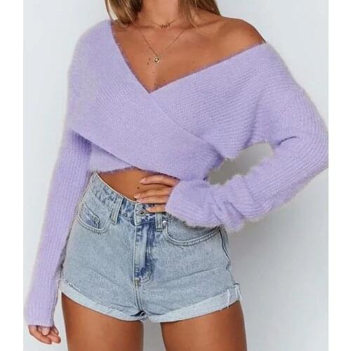 Fashion Womens Autumn Winter Warm Long Sleeve Solid Colors V-Neck Cashmere Knitted Sweater Crop Tops Pullovers Sueter Mujer#35