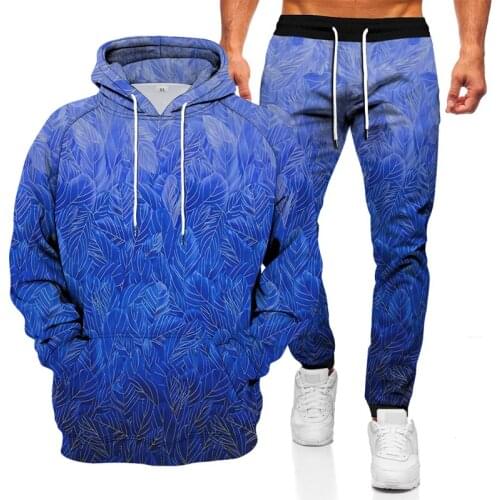 2021 New Fashion Long Sleeve Hooded Sweater 2 Piece Set Mens Sportswear Leaf 3D Printed Hoodie Pants Sports Suit