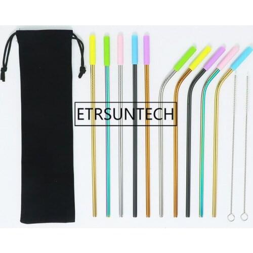Colorful Metal Straw Set 304 Stainless Steel Straw Silicone Tips Drinking Straws Set with Brush & Bag 20sets