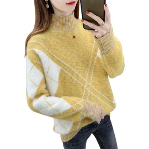 Mink Velvet Padded Sweater Womens Autumn And Winte Pullover Stitching Knitted Sweater Half High Neck Loose Wild Bottoming Shirt