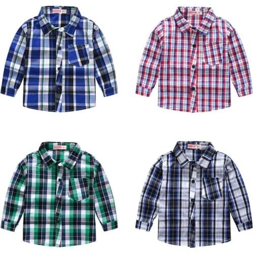 2021 New Toddler Boys Shirts Spring Autumn Kids British Style Long-Sleeved Cotton Plaid Print Childrens Clothing Pocket Lapel