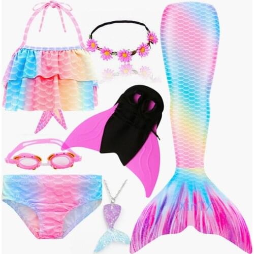 New Kids Swimmable Mermaid Tail can add Monofin Fin Girls Swimming Bating Suit Goggle with Garland Costume Kids Swimsuit