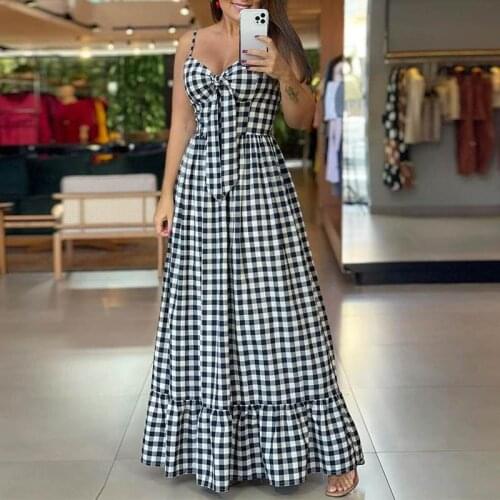 VONDA Women Dress Vintage Plaid Pleated Party Dresses Sexy V Neck Sleeveless Maxi Bohemian Vestidos Plus Size Beach Sundress