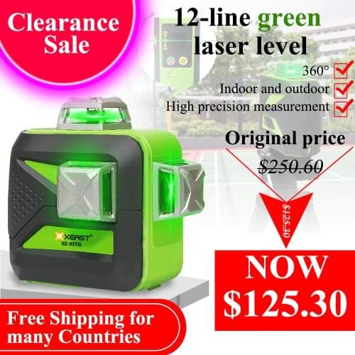 XEAST 12 Lines 3D Cross Line Laser Level Self-Leveling 360 Vertical & Horizontal Green Beam USB Charge Use Dry & Li-ion Battery