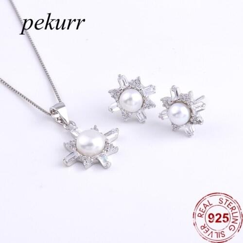 Pekurr 925 Sterling Silver Crystal Pillar Star Freshwater Natural Pearl Earrings Necklace Sets For Women Snowflake Pendants