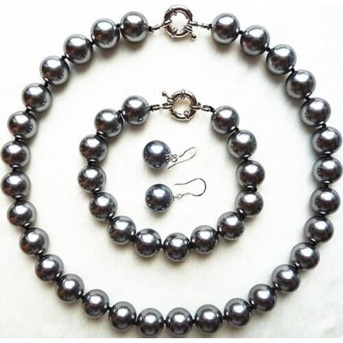 Free Shipping Perfect Shell Pearl Jewerly Set 12mm White Shell Pearl Necklace Bracelet Earring Bead women Jewelry set 925 clasp