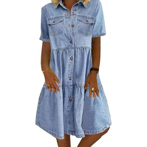 Women Denim DressShort Sleeve Turn Down Collar Pockets Single-breasted A Line Denim Dress Single-breasted A Line Denim Dress