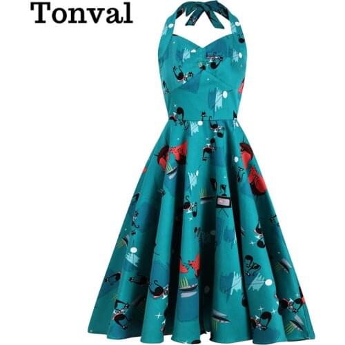 Tonval Turquoise Elegant Halloween Party Backless Dress Women Halter Neck High Waist Vintage Style Cotton Swing Dresses