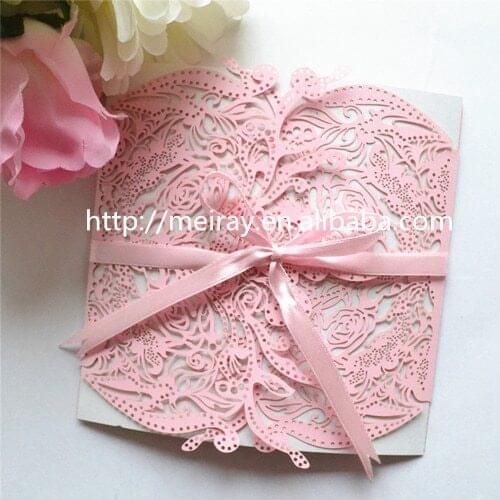 50pcs/Lot Wedding Invitation Card Laser Cut Hollow Flowers Pink Laser Cut Vintage Wedding Invitations by Fastest Shipment