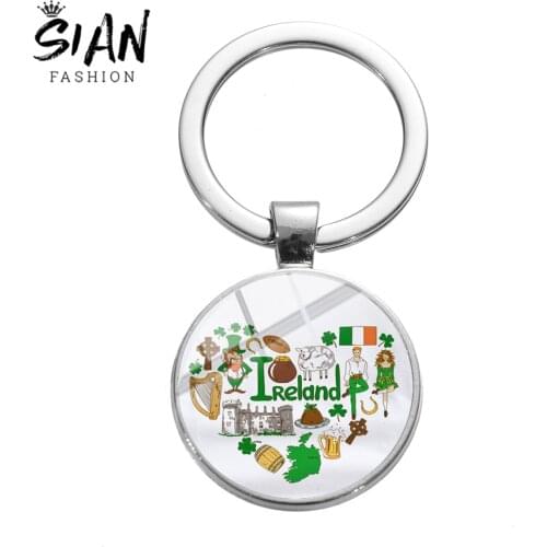 SIAN National Style Key Chain Heart Shape Pattern Ireland Impressionist Classic Sign Glass Crystal Pendant Key Chain Art Trinket