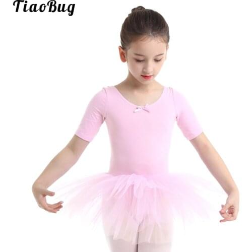 TiaoBug Kids Kids Girls Short Sleeve Cotton Mesh Tulle Ballet Dance Tutu Dress Gymnastics Leotard Stage Performance Costume