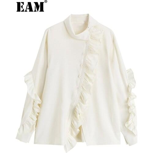 [EAM] Women Apricot Ruffles Irregular Blouse New Lapel Long Sleeve Loose Fit Shirt Fashion Tide Spring Autumn 2021 1DD5400