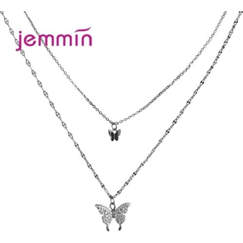 Beautiful Cute Dancing Butterfly Authentic 925 Sterling Silver Double Layers Chain Necklace For Women Birthday Fine Jewelry