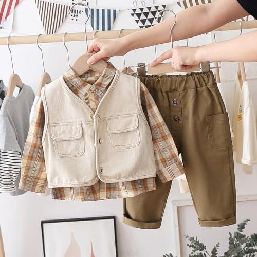 Autume Boys Clothing Children Kids Clothing Set boy lattic long sleeve Blouse+ Pants+ Cowboy Vest 3Pcs sets Outfits suits