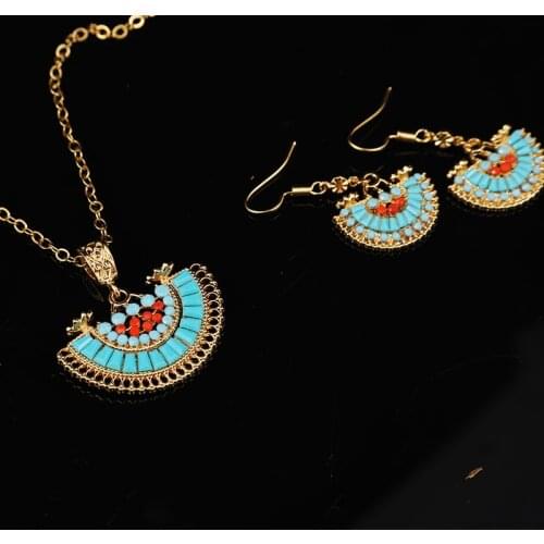 Moon Shape Natural Blue Stone Necklae Set with Slid Chain Gold Plated Muslim Bridal Jewelry Sets Luxury Arabic Costume Jewelry