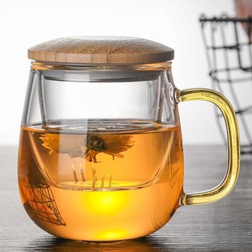 Creative Glass Tea Infuser Cup with Transparent Filter Handle Bamboo Lid Heat-resistant Flower Teacup Office Tea Mug Drinkware