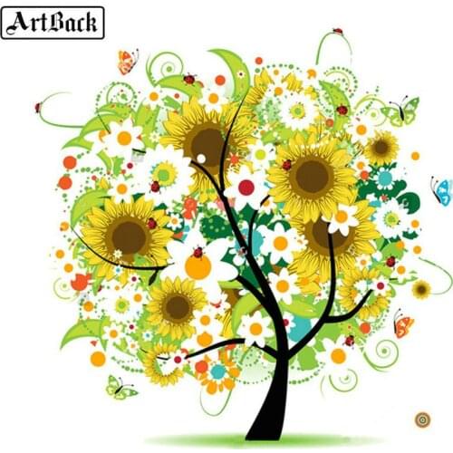 Square round full 5d diamond painting sun flower tree color icon diamond embroidery kids stickers resin mosaic handmade crafts