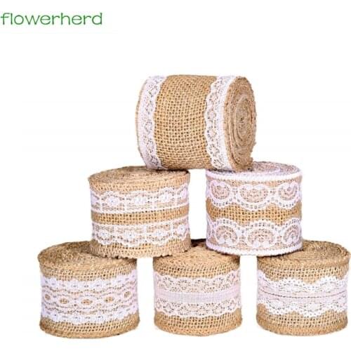 Natural Burlap Ribbon White Lace Trim Fabric Roll 6 PCS Burlap Roll Rustic Wedding Decorations Ribbon Crafts Burlap L