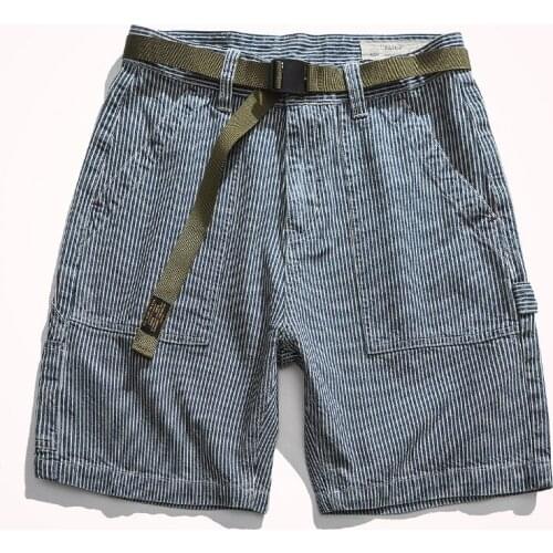 Summer American Retro Striped Tooling Denim Shorts Mens Fashion Simple Pure Cotton Washed Pocket Casual Straight 5-point Pants