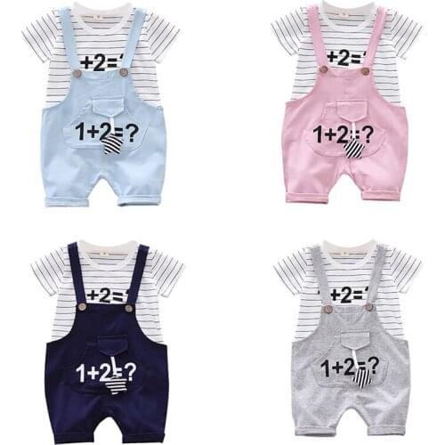 2019 NEW Boys Clothes Summer Sets Baby Boy Short Sleeve Stripe Print Tops Blouse T-shirt + Suspender Short Pants Children Set