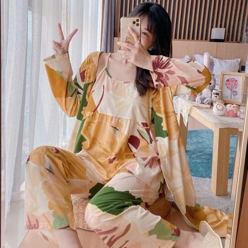 2021 Autumn 3PCS Sexy Long Sleeve Robes Pajama Set For Women Sleepwear Suit Pyjama Homewear Pijama Mujer Clothes Three Piece Set