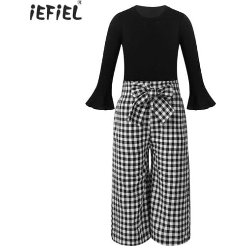 College Style Autumn Fashion Teenage Girls Outfits Clothes Sets Pantsuit Checked Cropped Plaid Pants Shirt with Flared Sleeves