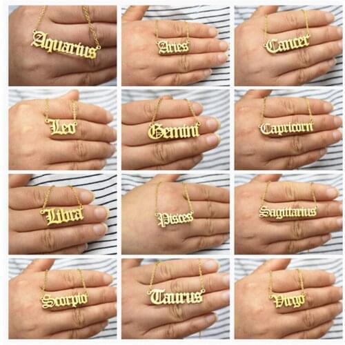 Europe And The United States Hot New Stainless Steel Retro Twelve Constellation Necklace Old English Letters Clavicle Chain