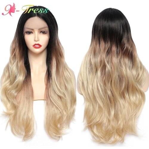 X-TRESS Synthetic Ombre Brown Blonde Wig Middle Part Lace Front Wigs for Black Women Long Natural Wavy Daily Cosplay Lace Wig