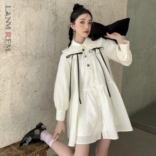 LANMREM Women Cute Dress Autumn Summer Long Sleeve Female Dresses With Button Bow Short Streetwear Korean Style Dress 2D1298