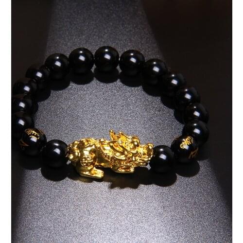 12mm Polished Motto Beads Bangle Buddhism Six Word Men Bracelet For Homme Fashion Design Gold Pixiu Charm Bracelet Lucky Gift