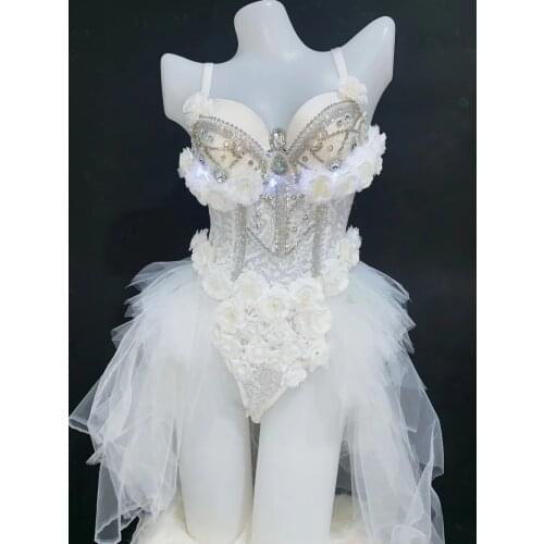 Sexy Bar Party Female Costume Sparkly Rhinestones White Lace Flowers Bodysuit Nightclub DJ Singer LED Dance Wear Stage Outfits