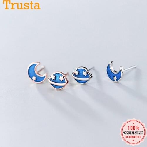 Trusta 2018 100% 925 Sterling Silver Women Fashion Cute Tiny Asymmetric Moon Star Small Stud Earrings For Daughter Girls DS327