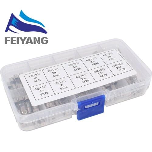 100Pcs/lot 5x20mm Quick Blow Glass Tube Fuse Assorted Kit Fast Blow Glass Fuses 250V 1A/2A/3A/4A/5A/6A/7A/10A/15A/20A