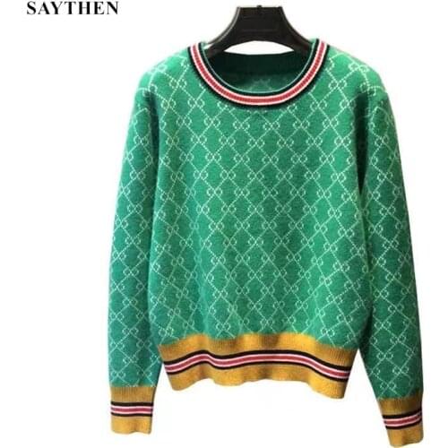 SAYTHEN Autumn And Winter New Loose Knit Sweater Korean Style Pullover Round Neck Geometric Clash Jacquard Casual Sweater Jumper
