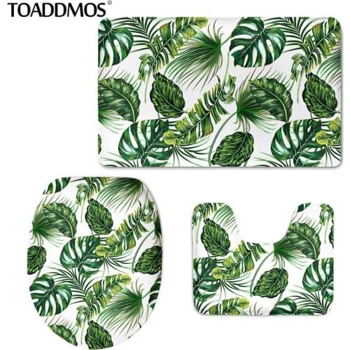 TOADDMOS Tropical Monstera Green Bathroom Non-slip Pedestal Rug+Lid Toilet Cover+Bath Mat Set Bath Decor Warm Area Rugs Carpets