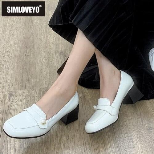 SIMLOVEYO New 2021 Women Pumps Square Toe 5cm Block Heels Patent Leather Slip-On Pearl Classic Soft Comfy Big Size 32-46 A3713